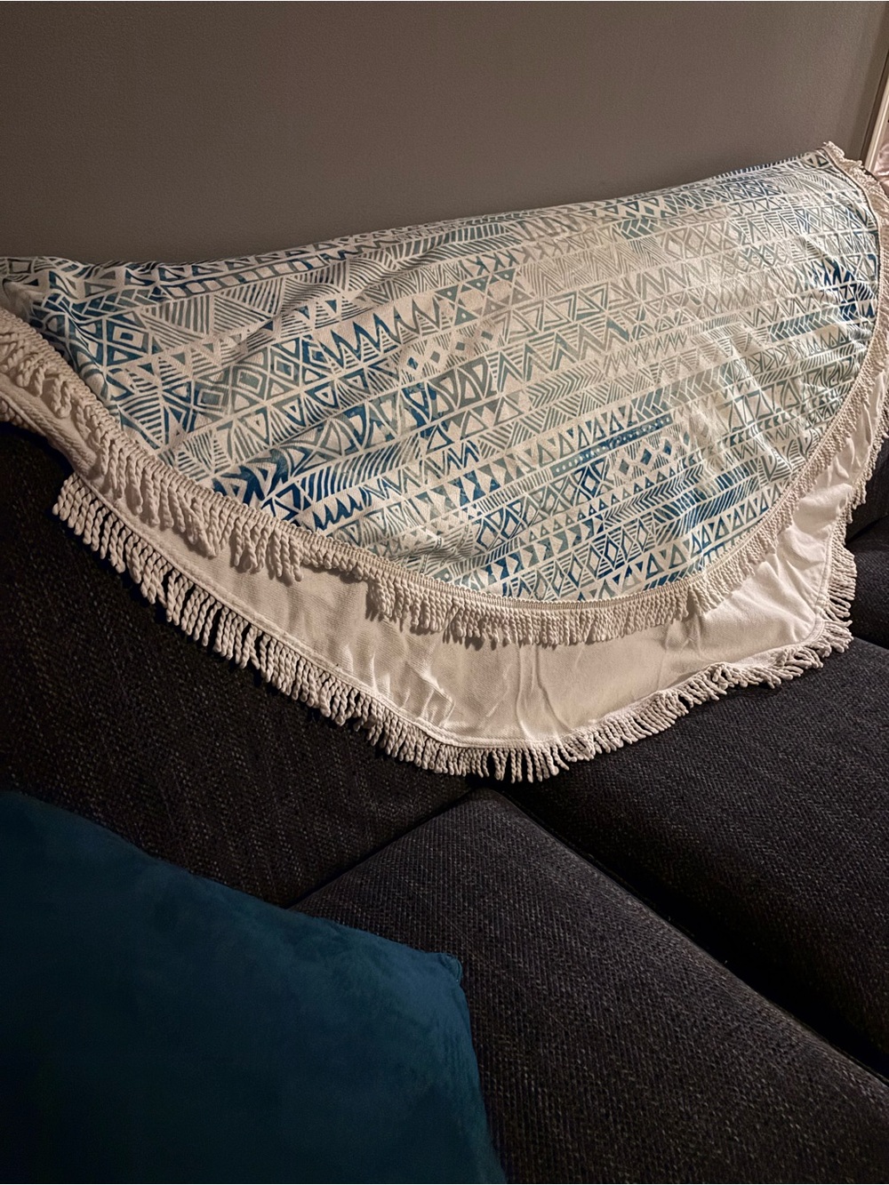 DSW Blue Geometric Round Beach Blanket with Fringe